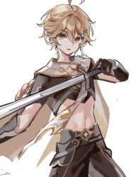 1boy aether_(genshin_impact) ahoge armor blonde_hair braid brown_gloves brown_pants brown_shirt commentary_request cowboy_shot earrings gauntlets genshin_impact gloves hair_between_eyes hand_up highres holding holding_sword holding_weapon jewelry long_hair looking_at_viewer low-braided_long_hair low-tied_long_hair male_focus midriff navel open_mouth pants scarf shirt short_sleeves shoulder_armor simple_background single_earring solo standing star_(symbol) suiso_sui sword weapon white_background white_scarf yellow_eyes
