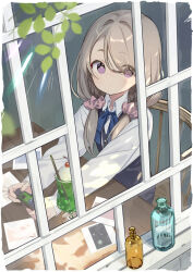 1girl barred_window blue_sweater_vest camera chair cherry closed_mouth collared_shirt commentary cup dot_mouth drinking_glass drinking_straw empty_bottle expressionless eyes_visible_through_hair food from_outside fruit grey_hair hair_ornament hair_over_one_eye hair_over_shoulder hair_scrunchie holding holding_camera hurricane_glass ice_cream ice_cream_float kiya_machi light_blush long_hair long_sleeves looking_outside low_twintails mono_(afro) painttool_sai_(medium) parfait pink_scrunchie polaroid_photo purple_eyes school_uniform scrunchie shikishima_sakurako shirt sitting solo sweater_vest table twintails whipped_cream white_shirt window