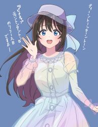 1girl blue_background blue_bow blue_dress blue_eyes blue_hat bow brown_hair commentary_request dress floating_hair hair_between_eyes hand_up hat highres long_hair long_sleeves looking_at_viewer love_live! love_live!_nijigasaki_high_school_idol_club official_alternate_costume open_mouth osaka_shizuku pichichaputintontanton see-through_clothes see-through_dress see-through_sleeves simple_background smile taiyakippassion translation_request waving