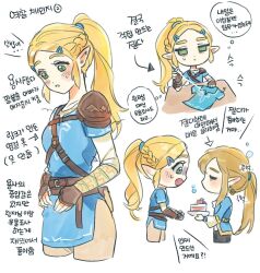1boy 1girl armor ascot bags_under_eyes blue_coat blue_tunic blush breasts brown_gloves cake chibi closed_eyes coat cosplay costume_switch cropped_legs didi_en_ilu earrings fingerless_gloves food gloves gold_trim green_eyes hair_between_eyes hair_ornament hairclip highres holding holding_food jewelry leather_armor link link_(cosplay) long_hair medium_breasts nintendo parted_bangs parted_lips pointy_ears ponytail princess_zelda princess_zelda_(cosplay) sewing shirt sidelocks single_shoulder_pad strawberry_shortcake sweatdrop the_legend_of_zelda the_legend_of_zelda:_breath_of_the_wild tunic upper_body white_ascot white_background white_shirt