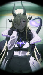 1girl absurdres aqua_eyes arknights black_horns black_shirt black_thighhighs blonde_hair collared_shirt cowboy_shot dragon_girl dragon_horns dragon_tail dress fire flame-tipped_tail hair_over_one_eye hand_on_own_face highres horns indoors jacket light_in_heart long_hair long_sleeves long_tail looking_at_viewer multiple_horns necrass_(arknights) nekoze_nekoze open_clothes open_jacket parted_lips purple_fire shirt smile solo tail thighhighs torn_clothes torn_thighhighs white_dress white_jacket