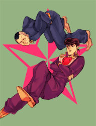 Rule 34 | 2boys, anchor (symbol), bad id, bad pixiv id, black hair, crossed arms, diamond is not crash, gakuran, grey hair, hands in pockets, heart, higashikata josuke, jojo no kimyou na bouken, male focus, multicolored hair, multiple boys, nico2gn, nijimura okuyasu, peace symbol, pompadour, red shirt, scar, school uniform, shirt, star (symbol), two-tone hair