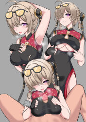 1boy 1girl armpits black-framed_eyewear blonde_hair breasts bun_cover catstudioinc_(punepuni) china_dress chinese_clothes cleavage cleavage_cutout closed_mouth clothing_cutout cum cum_on_body cum_on_breasts cum_on_clothes cum_on_upper_body double_bun dress eyewear_on_head facing_viewer fur_trim hair_bun highres looking_at_viewer mask medium_breasts medium_hair open_mouth paizuri penis purple_eyes smile standing sunglasses sweat sweety_(zenless_zone_zero) thighs underboob underboob_cutout zenless_zone_zero