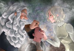 3boys angry armor aura beard black_hair blonde_hair blue_eyes chainmail closed_mouth covered_mouth covering_another&#039;s_mouth dark-skinned_male dark_skin dungeon_meshi dwarf elf eye_contact faceoff facial_hair from_side gorget grabbing_another&#039;s_hair grey_hair hand_over_another&#039;s_mouth highres kabru light_rays long_beard long_hair long_sleeves looking_at_another male_focus mithrun multiple_boys negri notice_lines plate_armor pointy_ears profile restrained shadow_governor_(dungeon_meshi) short_hair spiral sweat upper_body wrinkled_skin