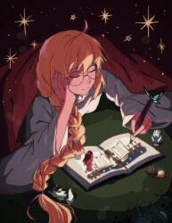 Rule 34 | 1girl, aesc (fate), aesc (rain witch) (fate), ahoge, alternate costume, baobhan sith (fate), barghest (fate), blonde hair, blue butterfly, book, braid, bug, butterfly, closed eyes, closed mouth, crayon, drawing (object), fate/grand order, fate (series), figure, glasses, hair between eyes, hair over shoulder, hand on own head, head rest, highres, holding, holding crayon, hwanm fate, insect, long hair, long sleeves, lying, melusine (fate), on stomach, open book, round eyewear, shirt, single braid, solo, spriggan (fate), star (symbol), under covers, when you see it, white shirt, wide sleeves, woodwose (fate)