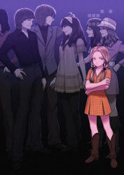 3boys 4girls belt blonde_hair boots collared_shirt crossed_arms dress full_body glasses grey_eyes hat highres indoors long_hair looking_at_another looking_to_the_side low_twintails multiple_boys multiple_girls orange_dress original pants parted_lips rustle shirt smile twintails