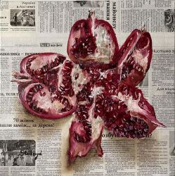 Rule 34 | absurdres, food, food focus, fruit, highres, julia stankevych, newspaper, no humans, oil painting (medium), original, painting (medium), pomegranate, realistic, signature, still life, traditional media, wall of text