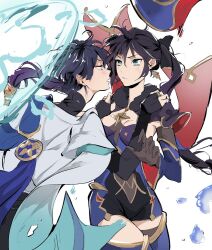 1boy 1girl alternate_costume aqua_eyes aqua_sleeves artwolfaja black_bodysuit black_bow blue_cape blue_halo blue_hat blue_leotard blue_sleeves blue_thighhighs blunt_bangs blunt_ends bodystocking bodysuit bow brooch brown_gloves bubble cape closed_mouth curled_fingers detached_sleeves earrings elbow_gloves eye_contact eyeliner eyeshadow face-to-face fur-trimmed_collar fur_collar fur_trim furisode furrowed_brow genshin_impact gloves gold_trim hair_between_eyes hair_bow halo halo_behind_head hands_on_another&#039;s_shoulders hat japanese_clothes jewelry kimono layered_sleeves leotard light_blush long_hair looking_at_another magic_circle makeup mona_(genshin_impact) mona_(pact_of_stars_and_moon)_(genshin_impact) multicolored_hair official_alternate_costume open_mouth ponytail_holder purple_hair purple_leotard red_cape red_eyeliner red_eyeshadow red_hat scaramouche_(genshin_impact) short_sleeves shrug_(clothing) sketch star_(symbol) star_earrings star_ornament thighhighs thighlet turtleneck turtleneck_bodysuit twintails two-sided_fabric two-sided_headwear two-tone_hair unworn_hat unworn_headwear v-shaped_eyebrows wanderer_(genshin_impact) white_background white_kimono white_sleeves witch_hat