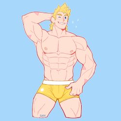 Rule 34 | 1boy, abs, alternate costume, bara, blonde hair, blue eyes, boku no hero academia, boxer briefs, bulge, cropped legs, feraltintinsimp, highres, large pectorals, male focus, male underwear, muscular, muscular male, navel, nipples, one eye closed, pectorals, scar, scar on arm, short hair, smile, solo, sparkle, spiked hair, stomach, thick thighs, thighs, togata mirio, topless male, underwear, underwear only, yellow boxer briefs, yellow male underwear