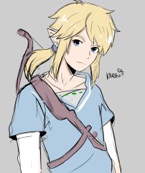 1boy absurdres artist_name blonde_hair blue_eyes blue_tunic bow_(weapon) champion&#039;s_tunic_(zelda) commentary english_commentary grey_background highres karbuitt light_frown link looking_at_viewer male_focus nintendo pointy_ears ponytail sidelocks sketch solo the_legend_of_zelda the_legend_of_zelda:_breath_of_the_wild tunic upper_body weapon weapon_on_back