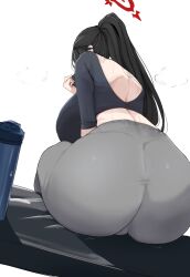 1girl absurdres ass black_hair black_shirt blue_archive bottle breasts facing_away grey_pants halo hasumi_(blue_archive) highres huge_ass long_hair no_wings pants ponytail poolpool red_eyes red_halo shirt sitting water_bottle yoga_pants
