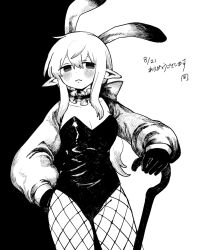 1girl :3 animal_ears blush bow breasts cane choker cleavage cowboy_shot dated fishnet_pantyhose fishnets frilled_choker frills greyscale hair_bow hand_on_own_hip highres holding holding_cane jacket leotard long_hair low_ponytail monochrome oka_(okakanoka) open_clothes open_jacket original pantyhose playboy_bunny pointy_ears ponytail rabbit_ears solo strapless strapless_leotard
