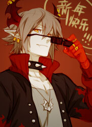 1boy black_jacket brown_hair collar commentary demon_boy demon_horns earrings emalf_(funamusea) fang funamusea glasses haiiro_teien horns jacket jewelry looking_at_viewer lowrain orange_eyes solo spiked_collar spikes