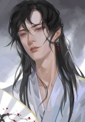 1boy asian black_hair chinese_clothes chinese_commentary cloud cloudy_sky collarbone commentary_request earrings folded_fan folding_fan grey_eyes hair_between_eyes hand_fan hanfu highres holding holding_fan jewelry light_smile long_hair looking_at_viewer outdoors parted_lips qiang_jin_jiu realistic shen_zechuan sidelocks sky solo teeth thick_eyebrows thick_lips upper_body white_hanfu ye_dian_pikaqiu