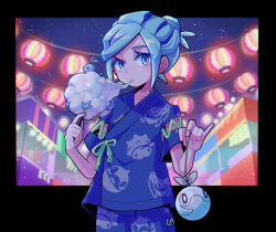 1boy altaria aqua_eyes aqua_hair blue_jacket blue_shorts cetoddle character_print closed_mouth commentary_request cotton_candy eating food frosmoth gen_3_pokemon gen_8_pokemon grusha_(pokemon) highres holding holding_cotton_candy holding_food jacket lantern looking_at_viewer male_focus night nintendo outdoors paper_lantern pokemon pokemon_sv shi_(soudana_sigurd) short_sleeves shorts sky snom solo star_(sky)
