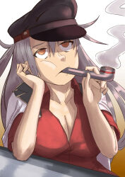 Rule 34 | 1girl, absurdres, black hat, breasts, cleavage, dress shirt, facial scar, facing viewer, gangut (kancolle), gangut dva (kancolle), grey hair, hat, highres, jacket, jacket on shoulders, kantai collection, large breasts, looking up, military jacket, one-hour drawing challenge, peaked cap, pipe in mouth, red eyes, red shirt, ron (pixiv83091338), scar, scar on cheek, scar on face, shirt, simple background, smoke, smoking pipe, solo, upper body, white background