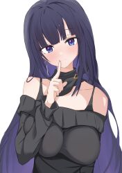 1girl black_shirt breasts closed_mouth earrings highres honkai_(series) honkai_impact_3rd jewelry large_breasts long_hair long_sleeves looking_at_viewer purple_eyes purple_hair raiden_mei raiden_mei_(apho) samate shirt simple_background single_earring solo upper_body white_background