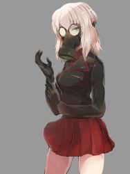 Rule 34 | 10s, 1girl, black gloves, black jacket, blue eyes, cowboy shot, dress shirt, emilio (tetsukazu no ao), female focus, gas mask, girls und panzer, gloves, grey background, highres, itsumi erika, jacket, kuromorimine military uniform, long hair, long sleeves, looking at viewer, mask, military, military uniform, miniskirt, pleated skirt, red shirt, red skirt, shirt, silver hair, simple background, sketch, skirt, solo, standing