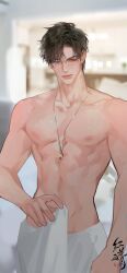 1boy absurdres bare_shoulders bloodybeni blurry blurry_background brown_hair chinese_text closed_mouth curtained_hair glasses highres holding indoors jewelry light_and_night_love lips lu_chen male_focus necklace nipples nose parted_bangs pectorals red_eyes ring ring_necklace short_hair solo toned toned_male topless_male towel towel_around_waist veins yellow-framed_eyewear