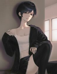 1girl absurdres aegyo_sal bare_shoulders black_hair black_jacket black_skirt black_thighhighs breasts camisole cleavage collarbone cropped_shirt hand_on_own_leg hand_up highres hood hood_down hooded_jacket jacket knee_up long_sleeves looking_at_viewer one_eye_closed open_clothes open_jacket original parted_lips pleated_skirt short_hair single_off_shoulder skirt sleeves_past_wrists small_breasts smile solo sparse_navel_hair swept_bangs thighhighs tyrezal white_camisole wind zettai_ryouiki