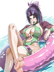 1girl barefoot breasts butterfly_ornament cleavage curvy feet green_one-piece_swimsuit hair_ribbon highleg highleg_one-piece_swimsuit highres large_breasts long_hair looking_at_viewer lorna12155671 marvel marvel_rivals official_alternate_costume one-piece_swimsuit ponytail psylocke psylocke_(breezy_butterfly) revealing_clothes ribbon shiny_skin soles swimsuit thong_one-piece_swimsuit toes water wide_hips x-men