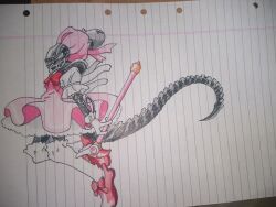 alien cardcaptor_sakura chest_ribbon gloves holding holding_wand kinomoto_sakura kinomoto_sakura_(cosplay) kinomoto_sakura_(magician) miniskirt photo_(medium) red_shoes ribbon_shoes shoes skirt traditional_media wand white_gloves xenomorph