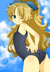 1girl absurdres ass blonde_hair blue_eyes blue_sky cloud flat_chest highres long_hair looking_at_viewer one-piece_swimsuit one_eye_closed original school_swimsuit second-party_source sky smile solo swimsuit veloexotica