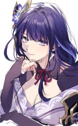 1girl armor blue_pupils blunt_bangs breasts bridal_gauntlets chinese_text cleavage closed_mouth clothing_cutout collarbone e_ung2 fan_hair_ornament flower genshin_impact hair_flower hair_ornament hand_on_own_chin hand_up head_tilt highres japanese_clothes kimono korean_commentary large_breasts long_hair looking_at_viewer looking_to_the_side multicolored_eyes multicolored_hair neck_ribbon off_shoulder pink_lips purple_eyes purple_flower purple_hair purple_kimono raiden_shogun red_ribbon ribbon shade shoulder_armor shoulder_cutout simplified_chinese_text sketch solo streaked_hair upper_body white_background