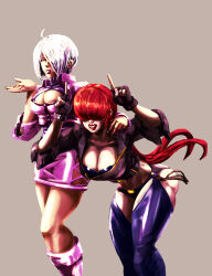 2girls absurdres angel_(kof) ass bent_over blue_eyes boots breasts cleavage cleavage_cutout clothing_cutout curvy dress female_focus fingerless_gloves fishnets gloves highres huge_ass huge_breasts ibdinosaur jacket large_breasts latex leather leather_gloves leather_jacket long_hair multiple_girls pale_skin panties ponytail red_hair shermie_(kof) shiny_clothes shiny_skin short_hair skirt smile smiley_face standing the_king_of_fighters thick_lips thick_thighs thighs twintails underwear white_hair wide_hips