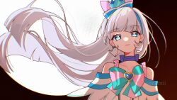 1girl blue_choker blue_crown blue_eyes blunt_bangs blunt_ends brooch cenemii choker crown cure_nyammy dress full_moon heart heart_brooch highres jewelry long_hair looking_at_viewer mini_crown moon off_shoulder precure serious white_dress white_hair wonderful_precure!