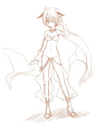 1girl animal_ears arima_natsubon bikini breasts brown_theme cat_ears cat_girl closed_mouth commentary_request detached_sleeves full_body gypsy_(ragnarok_online) hair_between_eyes hair_over_one_eye long_bangs looking_at_viewer monochrome navel ragnarok_online simple_background sketch small_breasts smile solo swimsuit