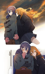 2girls 404no2929 backpack bag black_coat black_skirt blue_hair blush brown_hair closed_eyes coat commentary_request gloves grey_coat head_on_another&#039;s_shoulder highres holding_hands long_hair looking_at_another miya_(404no2929) multiple_girls open_mouth original outdoors pink_gloves pleated_skirt purple_eyes school_uniform shion_(404no2929) sitting skirt smile train_interior winter_clothes yuri
