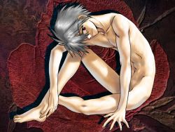 1boy board_game convenient_censoring gainax grey_hair hair_over_one_eye mahjong male_focus nagisa_kaworu neon_genesis_evangelion nude red_eyes smile solo strip_game strip_mahjong stripping_instrumentality utatane_hiroyuki