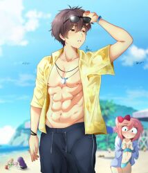 1boy 4girls abs adjusting_eyewear beach bikini black_pants blue_bikini blue_shirt blurry blurry_background blush bracelet brown_hair buried_in_sculpted_sand doki_doki_literature_club eyewear_on_head flustered hands_up jewelry looking_to_the_side monika_(doki_doki_literature_club) multiple_girls muscular muscular_male natsuki_(doki_doki_literature_club) necklace onyxvoyd open_clothes pants pectorals pink_hair protagonist_(doki_doki_literature_club) purple_hair sayori_(doki_doki_literature_club) shirt small_pupils solo_focus staring sunglasses swimsuit yellow_shirt yuri_(doki_doki_literature_club)