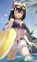 1girl ;d absurdres animal_ear_fluff animal_ears arm_at_side bare_shoulders bikini black_bikini black_choker black_hair blush breasts cat_ears cat_girl cat_thigh_strap choker commentary cowboy_shot day eyewear_on_head fang flower frilled_bikini frills green_eyes hair_between_eyes hair_flower hair_ornament halterneck happy highres holding holding_swim_ring hsk_pad innertube karyl_(princess_connect!) karyl_(summer)_(princess_connect!) long_hair looking_at_viewer low_twintails medium_breasts multicolored_hair navel one_eye_closed open_mouth outdoors pink_flower princess_connect! shorts sidelocks smile solo stomach streaked_hair sunglasses swim_ring swimsuit thigh_strap twintails very_long_hair wading water water_drop white_flower white_hair white_shorts yellow_innertube