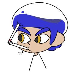 1boy afro blue_hair closed_mouth drinking drinking_straw english_text jaggy_lines looking_to_the_side male_focus mouth_hold nintendo octoling_player_character shirt sidelocks simple_background sketch solo splatoon_(series) splatoon_2 upper_body vilepluff what white_background white_shirt yellow_eyes