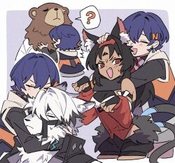 2boys 2girls animal_ear_fluff animal_ears bear_boy belle_(zenless_zone_zero) ben_bigger black_hair blue_hair body_fur breasts brown_fur cable cable_tail cat_ears cat_girl cat_tail closed_eyes dark-skinned_female dark_skin face_in_neck facial_mark furry furry_male grey_background hair_between_eyes hair_ornament headpat hug jacket kuhu1212 long_sleeves looking_at_viewer mechanical_tail multiple_boys multiple_girls multiple_tails multiple_views muzzle_(mask) nekomiya_mana red_eyes scar scar_across_eye scar_on_face short_hair simple_background tail two_tails von_lycaon white_fur white_hair wolf_boy wolf_ears zenless_zone_zero
