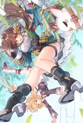 2girls absurdres ahoge black_boots black_gloves blonde_hair boots breasts brown_eyes brown_hair chinese_clothes dress fingerless_gloves gloves hair_ornament high_heels highres honkai_(series) honkai_impact_3rd jingwei_(bird) leaf li_sushang li_sushang_(peregrine_sword) long_hair long_sleeves looking_at_viewer midair multiple_girls niwa_x_4_torigairu official_alternate_costume open_mouth shorts smile susannah_manatt susannah_manatt_(bear_squad_go!) susannah_manatt_(valkyrie_quicksand) thigh_strap thighs tree very_long_hair