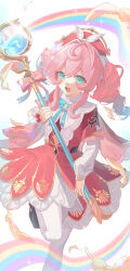 1girl :d absurdres black_shoes blue_bow blue_eyes blue_hair bow commentary dress drill_hair feathers foot_out_of_frame hat highres holding holding_staff honkai:_star_rail honkai_(series) hyacine_(honkai:_star_rail) iga_(millmlml) leg_up long_hair long_sleeves looking_at_viewer multicolored_hair open_mouth pantyhose pink_hair rainbow red_dress red_hat shoes smile solo staff twin_drills twintails two-tone_hair white_pantyhose white_sleeves