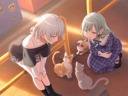 2girls bang_dream! bang_dream!_it&#039;s_mygo!!!!! black_choker black_shirt black_shoes blue_dress blush boots cat choker closed_mouth dithering dress frilled_choker frills green_hair hair_ornament hairclip kaname_raana lace-up_boots layered_sleeves long_hair long_sleeves multiple_girls neck_ribbon official_art open_mouth plaid_clothes plaid_dress ribbon shirt shoes short_hair short_over_long_sleeves short_sleeves socks third-party_source vending_machine wakaba_mutsumi white_hair white_shirt white_socks yellow_eyes