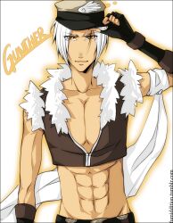 1boy abs adjusting_clothes adjusting_headwear black_gloves brown_eyes brown_shirt character_name closed_mouth commentary crop_top english_commentary fingerless_gloves fumiddition fur-trimmed_shirt fur_trim gloves grey_hat hat looking_at_viewer male_focus pectorals ragnarok_online shirt short_hair simple_background sleeveless sleeveless_shirt smile sniper_(ragnarok_online) solo toned toned_male upper_body watermark web_address white_background white_hair
