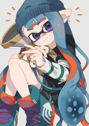 Rule 34 | 1girl, aqua shoes, bandaid, bandaid on face, bandaid on nose, beanie, black shirt, black shorts, blue hair, blue hat, closed mouth, colored inner hair, commentary request, cross, cross earrings, earrings, grey background, hat, high tops, highres, holding, holding weapon, inkling, inkling girl, inkling player character, jewelry, layered sleeves, long hair, long sleeves, looking at viewer, multicolored hair, nintendo, notice lines, orange hair, pointy ears, purple eyes, sabata saba, shirt, shoes, short over long sleeves, short sleeves, shorts, simple background, smile, sneakers, solo, splatoon (series), sploosh-o-matic (splatoon), t-shirt, tentacle hair, two-tone hair, v, wavy hair, weapon