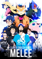 1girl 6+boys american_flag armada beard character_name cloud9 copyright_name crown esports facial_hair falco_lombardi fire_emblem fox_mccloud furry gen_1_pokemon glasses gun handgun headband headset highres hungrybox jigglypuff mang0 mario_(series) marth_(fire_emblem) mew2king multiple_boys nintendo pistol pokemon pokemon_(creature) ppmd princess_peach real_life star_fox super_smash_bros. tom_skender turnip twitter_username weapon
