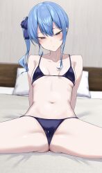 Rule 34 | 1girl, absurdres, armpit crease, arms behind back, bed, bikini, black bikini, blue eyes, blue hair, blue ribbon, blush, breasts, cameltoe, collarbone, crotch, e-wing (ewingillustrate), hair ribbon, highres, hololive, hoshimachi suisei, navel, on bed, pillow, ribbon, side ponytail, sitting, small breasts, solo, spread legs, stomach, swimsuit, virtual youtuber