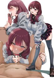 1boy 1girl black_choker black_shirt blue_socks blush cardigan censored choker doktor_k fellatio full_body heart heart_censor highres iro-senpai_(doktor_k) knee_socks licking licking_penis long_hair looking_at_viewer mole mole_under_eye multiple_views open_mouth oral original penis piercing plaid_clothes plaid_skirt purple_eyes red_hair red_nails ribbon_choker ribbon_trim shirt skirt socks sweat tagme tongue tongue_out v visible_ears