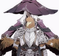 1boy 1girl animal_head armor beak belt bird_boy colored_eyelashes elden_ring elden_ring_nightreign feathered_wings guardian_(elden_ring) hat hat_over_eyes hat_over_one_eye highres large_hat one_eye_closed purple_hat purple_sleeves recluse_(elden_ring) smile sqqccca standing white_background white_eyelashes wings witch witch_hat yellow_eyes