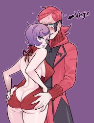 1boy 1girl ass ass_grab assertive_female back backless_outfit bare_back blush breasts butt_crack coat couple courtney_(pokemon) courtney_(pokemon_oras) creatures_(company) english_text game_freak glasses hetero highres large_breasts lips lipstick long_sleeves makeup maxie_(pokemon) maxie_(pokemon_oras) meme_attire nervous nintendo no_panties pokemon pokemon_oras purple_eyes purple_hair purple_lips red_hair seductive_smile short_hair sleeveless smile sweat sweater team_magma text_focus turtleneck turtleneck_sweater virgin_killer_sweater