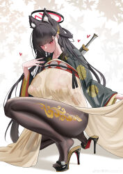 1girl absurdres alternate_costume animal_ears black_hair black_pantyhose black_shoes blue_archive blunt_bangs blush breasts cat_ears chinese_clothes chinese_commentary commentary_request covered_erect_nipples hair_ornament hairclip halo hanfu heart high_heels highres huge_breasts kneeling long_hair pantyhose purple_nails red_eyes ringed_eyes rio_(blue_archive) shoes solo sword tiptoes user_ckkx8884 very_long_hair watermark weapon weibo_watermark