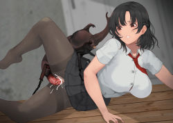 1girl absurdres arm_support beetle bestiality black_hair breasts bug censored clenched_teeth clothing_aside cum cum_in_pussy hetero highres insect large_breasts legs lying mosaic_censoring necktie no_shoes on_side original oversized_insect panties panties_aside pantyhose penis pleated_skirt red_eyes red_necktie rhinoceros_beetle ryu_insect school_uniform sex shirt skirt teeth torn_clothes torn_pantyhose underwear vaginal white_panties white_shirt