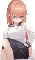 1girl absurdres bags_under_eyes bandaid black_skirt blood blood_on_clothes blood_on_face blue_eyes breasts closed_mouth crossed_bangs hair_between_eyes highres jun_daniell large_breasts long_sleeves looking_at_viewer michinoku_komaro nosebleed pink_hair pleated_skirt sailor_collar school_uniform seitokai_ni_mo_ana_wa_aru! serafuku shirt shirt_overhang skirt solo white_background white_serafuku white_shirt